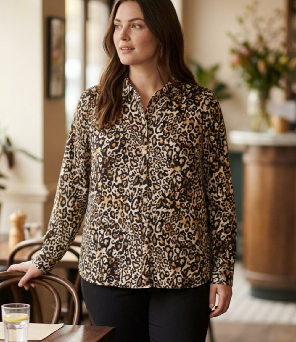 Talbots Leopard Print Shirt Petite XL Button Front Cotton Long Sleeve Blouse